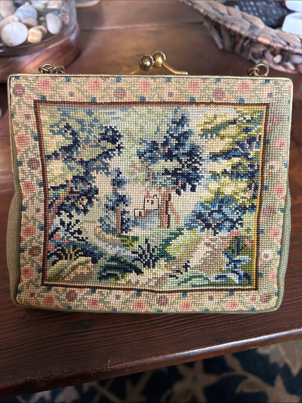Handcrafted vintage Needlepoint Landscape Purse in Blue and Green